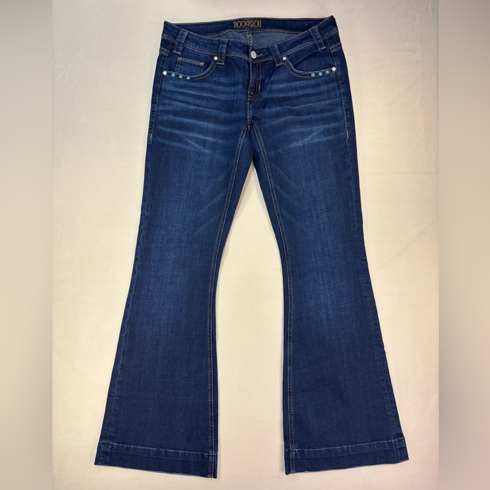Rock & Roll Cowgirl Women's Dark Blue Trouser Flare Jeans Size 31 x 34